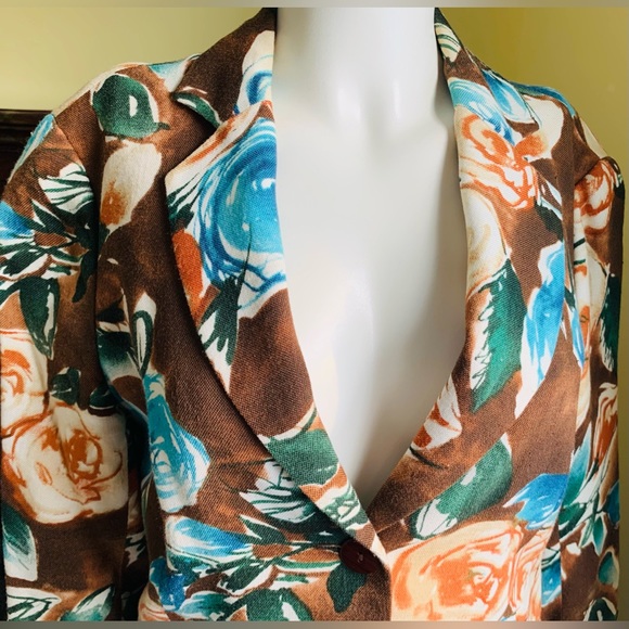 Zara floral light brown short blazer bright orange & blue roses collared US 10 - Picture 11 of 11